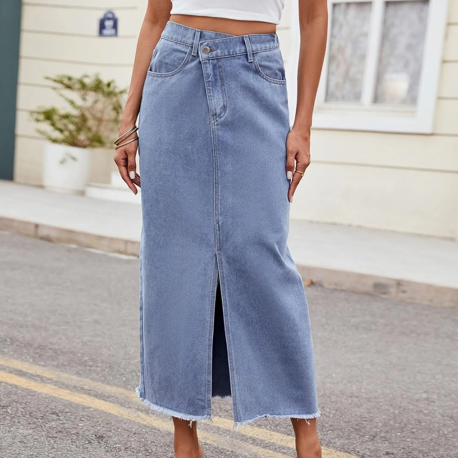 Womens Denim Skirt Front Slit High Waist Casual Midi Length Jean Skirt Slit Hem Slim Fit Pencil Bodycon Long Skirt