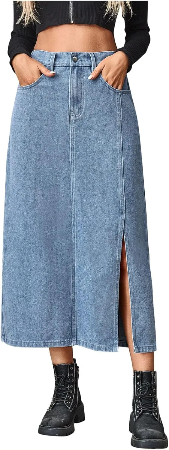 Womens Denim Skirt Front Slit High Waist Casual Midi Length Jean Skirt Slit Hem Slim Fit Pencil Bodycon Long Skirt