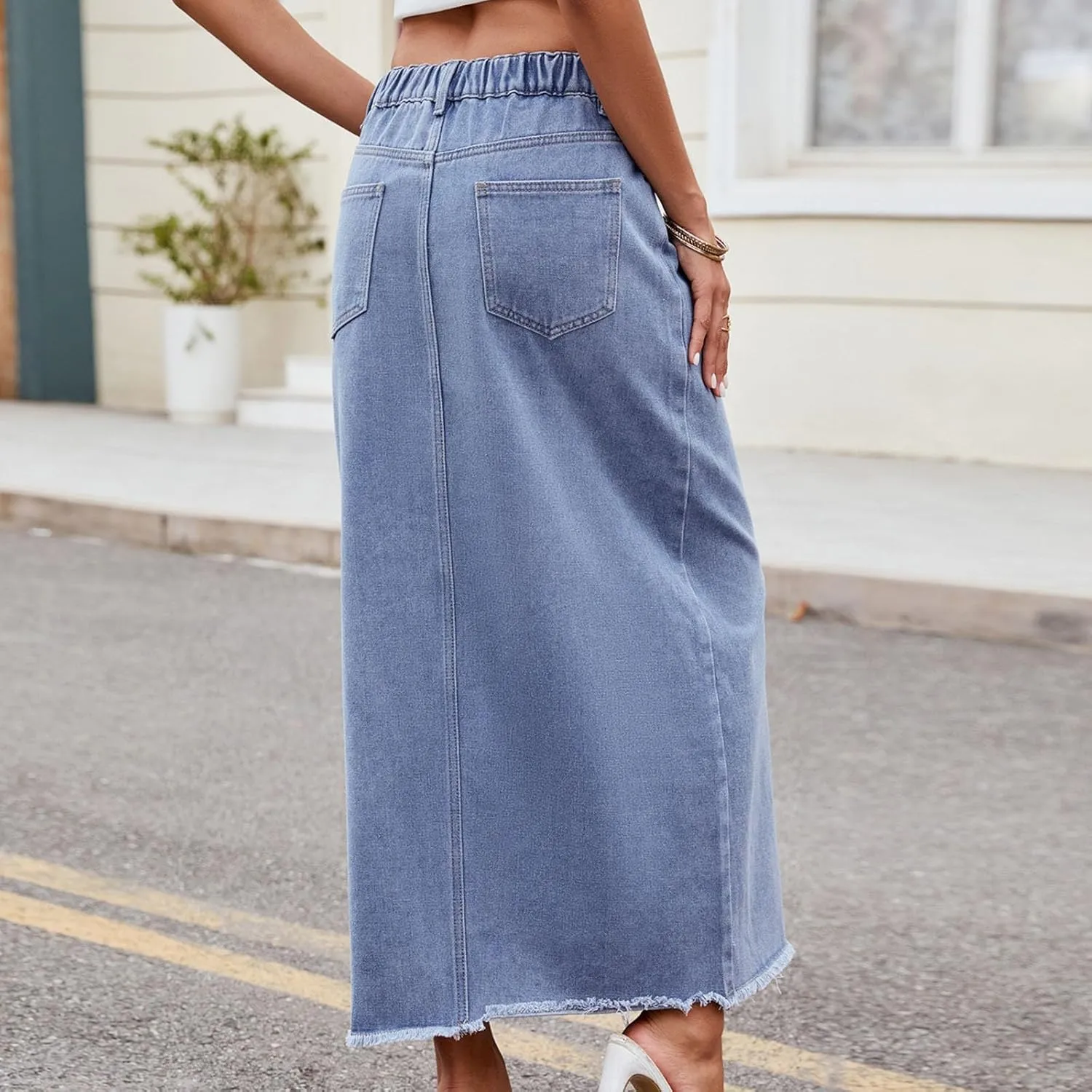 Womens Denim Skirt Front Slit High Waist Casual Midi Length Jean Skirt Slit Hem Slim Fit Pencil Bodycon Long Skirt
