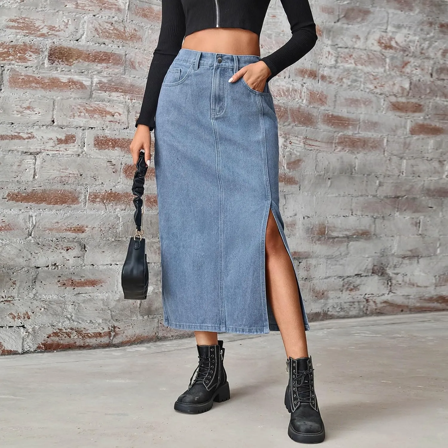 Womens Denim Skirt Front Slit High Waist Casual Midi Length Jean Skirt Slit Hem Slim Fit Pencil Bodycon Long Skirt