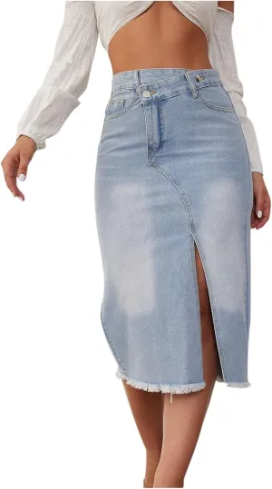 Womens Denim Skirt Front Slit High Waist Casual Midi Length Jean Skirt Slit Hem Slim Fit Pencil Bodycon Long Skirt