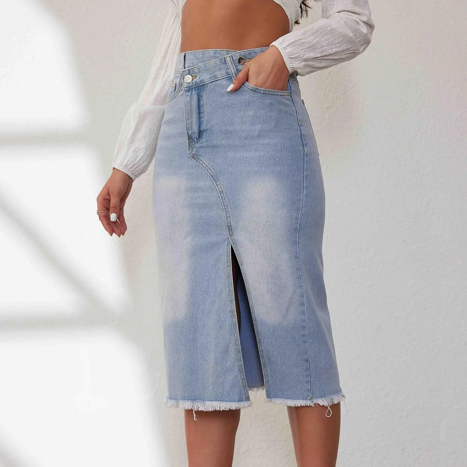 Womens Denim Skirt Front Slit High Waist Casual Midi Length Jean Skirt Slit Hem Slim Fit Pencil Bodycon Long Skirt