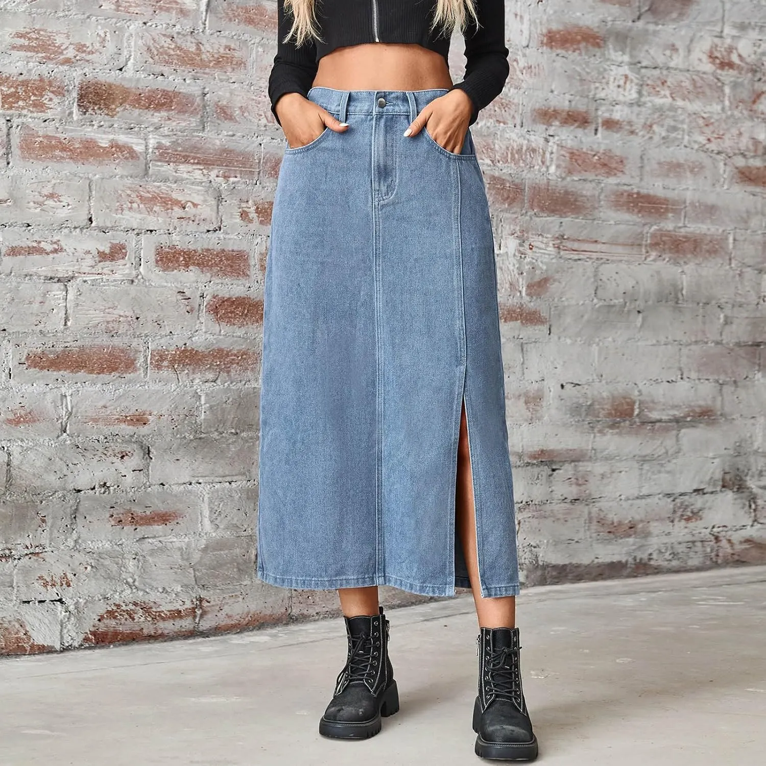 Womens Denim Skirt Front Slit High Waist Casual Midi Length Jean Skirt Slit Hem Slim Fit Pencil Bodycon Long Skirt