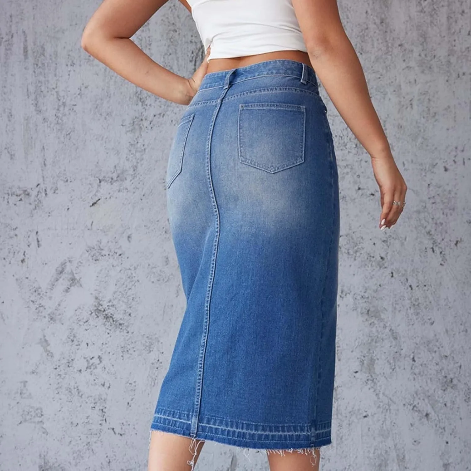Womens Denim Skirt Front Slit High Waist Casual Midi Length Jean Skirt Slit Hem Slim Fit Pencil Bodycon Long Skirt