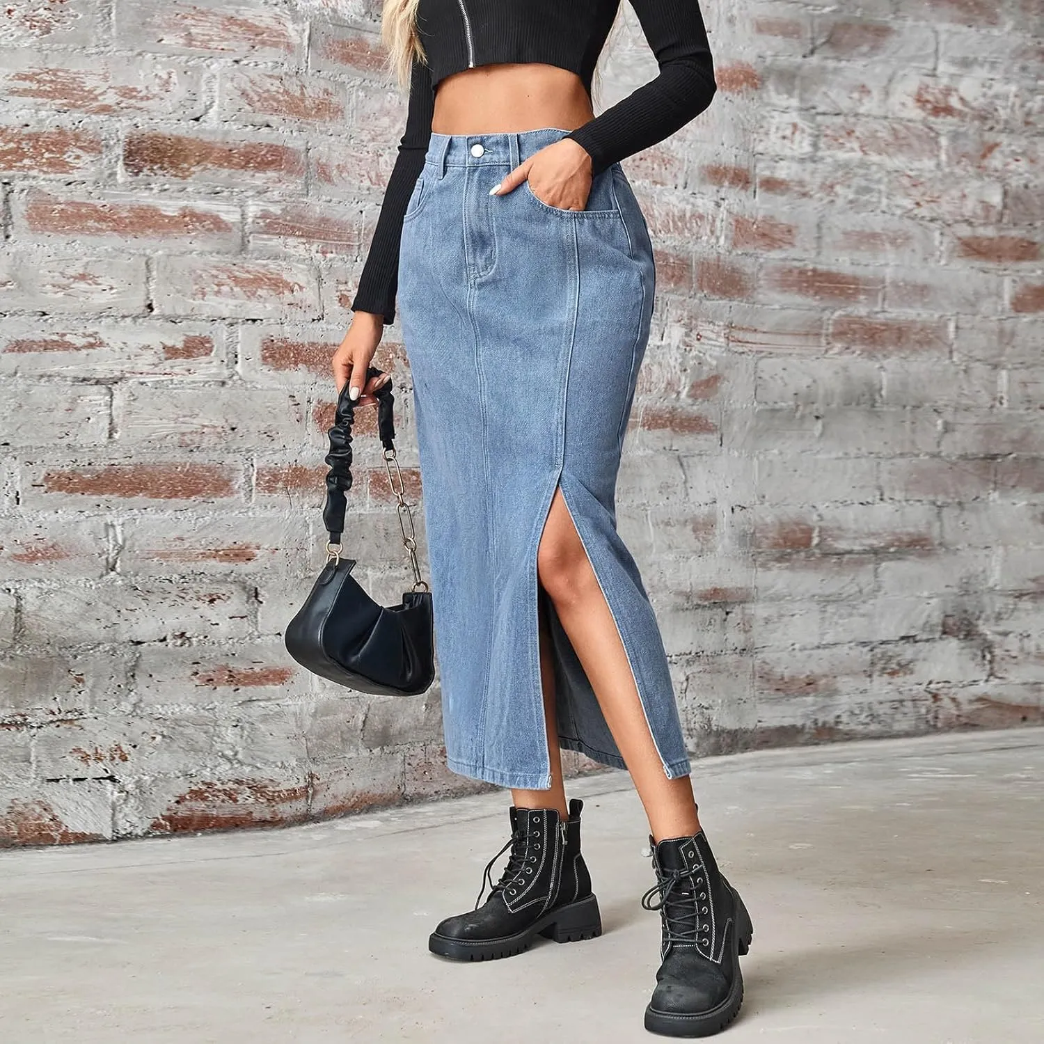 Womens Denim Skirt Front Slit High Waist Casual Midi Length Jean Skirt Slit Hem Slim Fit Pencil Bodycon Long Skirt