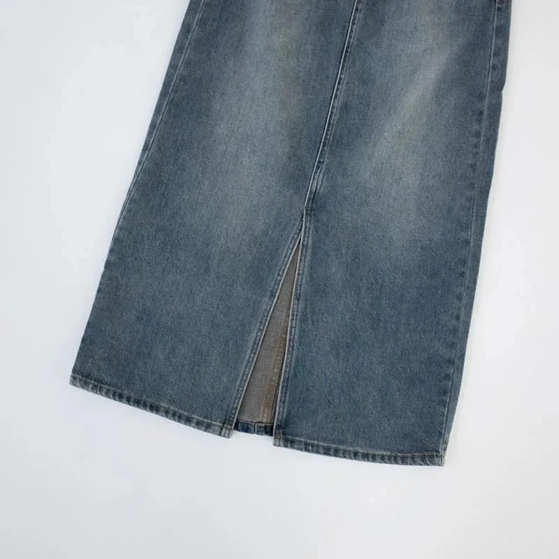 Women's Denim Wrap Skirts Retro High Waisted Split A-Line Denim Skirt Autumn Fashion Straight Skirt Female
