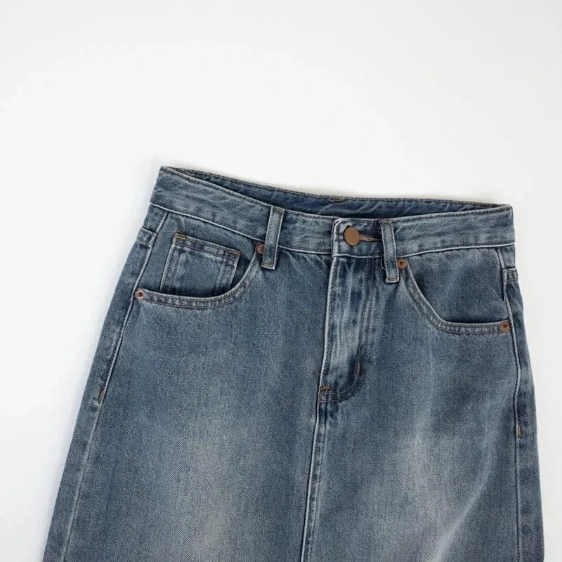 Women's Denim Wrap Skirts Retro High Waisted Split A-Line Denim Skirt Autumn Fashion Straight Skirt Female
