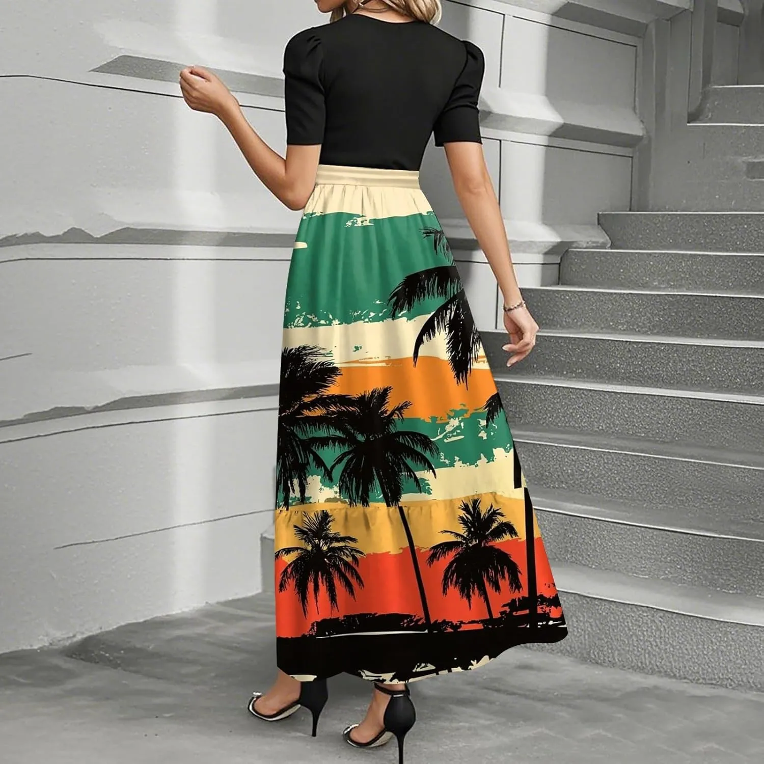 Womens Dress Summer Flowy Maxi Dress Highwaisted Short Sleeve Floral Dressed Casual Tea Party Dresses with Belt