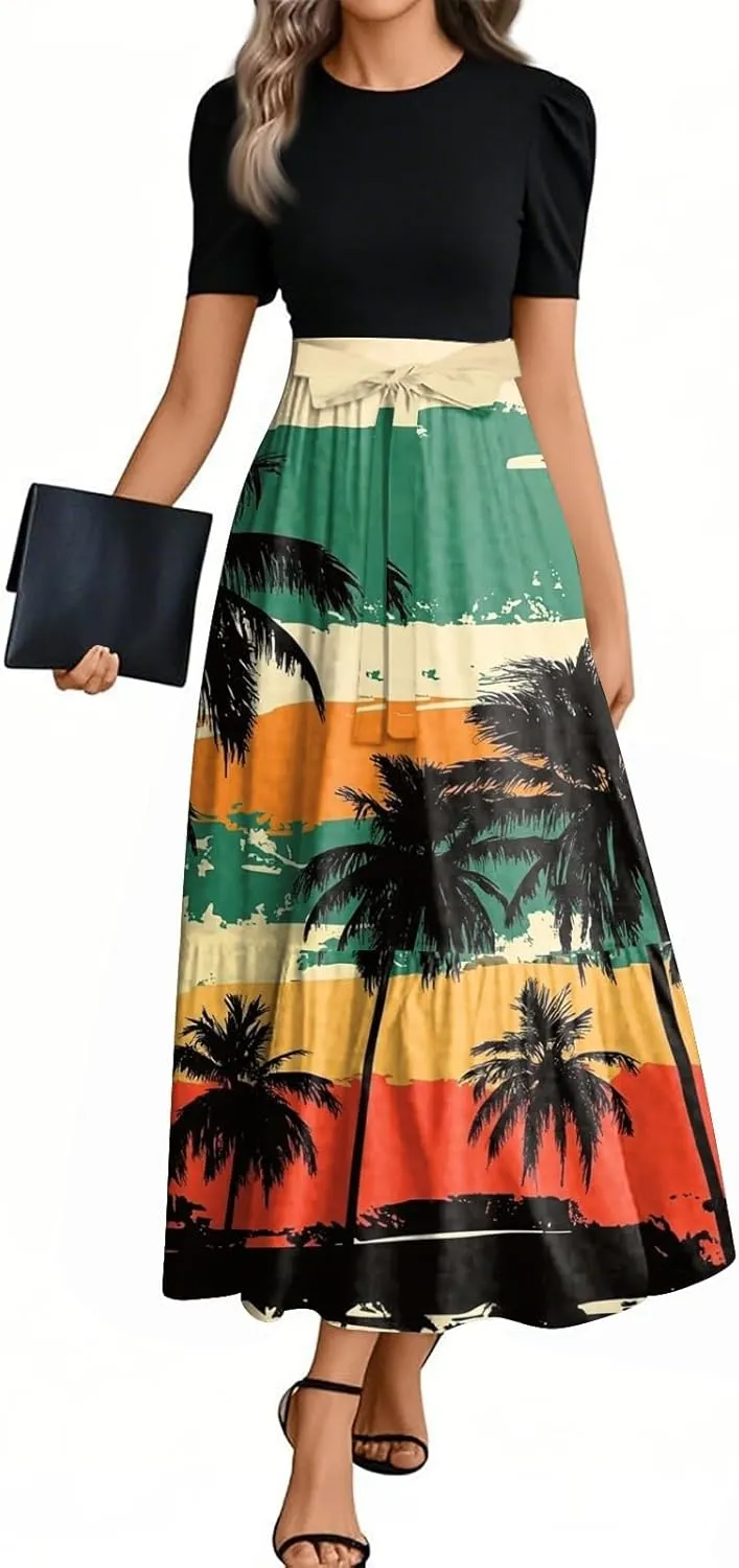 Womens Dress Summer Flowy Maxi Dress Highwaisted Short Sleeve Floral Dressed Casual Tea Party Dresses with Belt