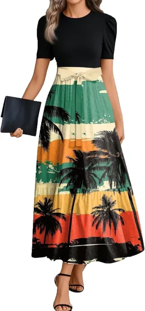 Womens Dress Summer Flowy Maxi Dress Highwaisted Short Sleeve Floral Dressed Casual Tea Party Dresses with Belt