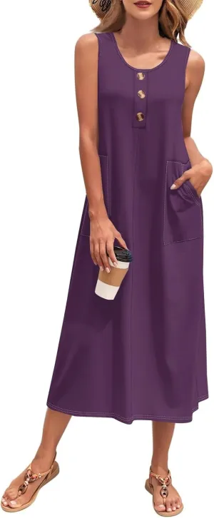 Womens Dresses Sleeveless Button Down Casual Loose Long Beach Sundress Travel Vacation Outfits
