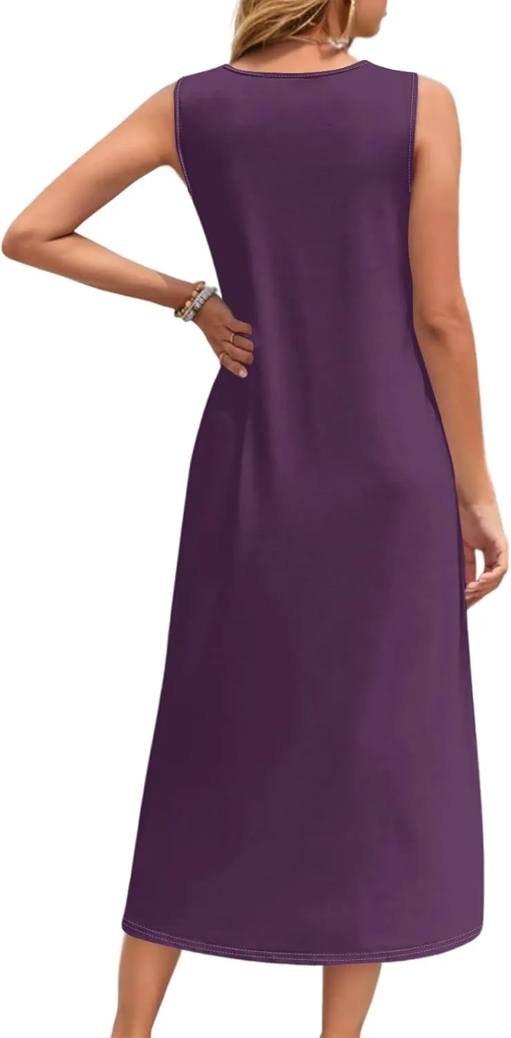 Womens Dresses Sleeveless Button Down Casual Loose Long Beach Sundress Travel Vacation Outfits