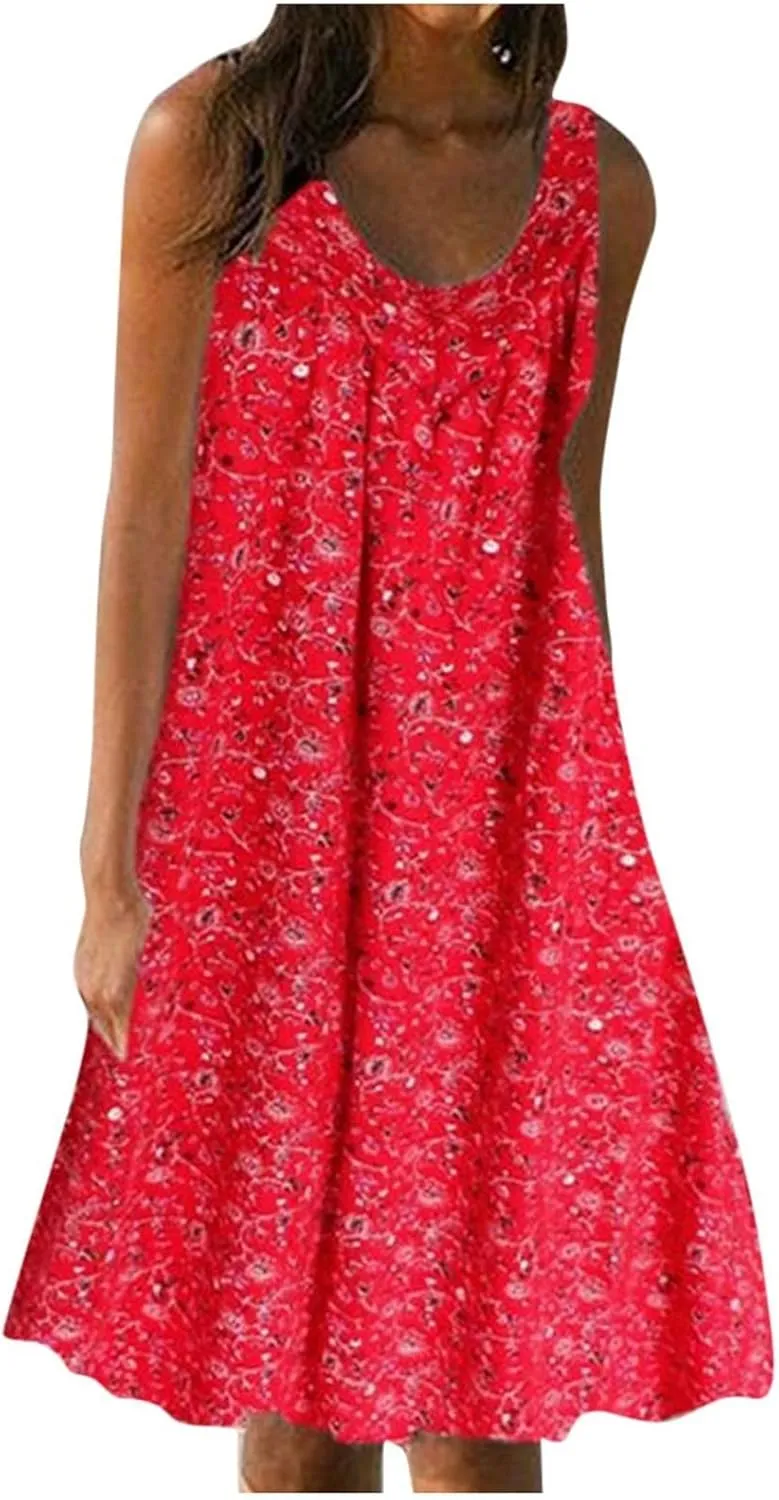 Womens Dresses Summer Sundresses 2025 Dresses Casual Sleeveless Tank Top Dress Ruffle Dress Floral Dress with Pockets