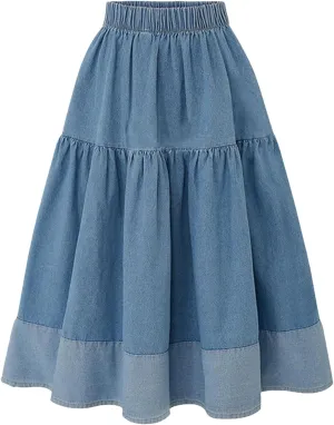 Women's Elastic Casual Denim Skirts Elastic Waist A Line Jeans Skirt High Waist Tiered Long Denim Skirts