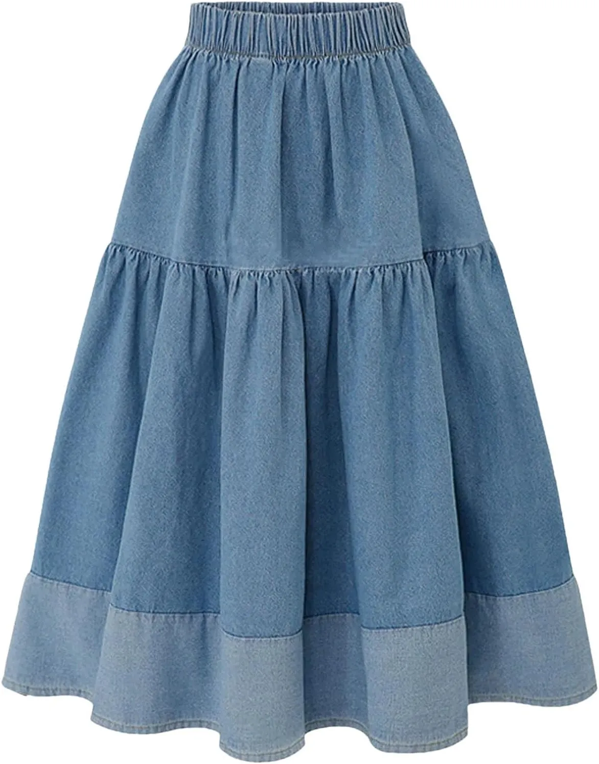 Women's Elastic Casual Denim Skirts Elastic Waist A Line Jeans Skirt High Waist Tiered Long Denim Skirts