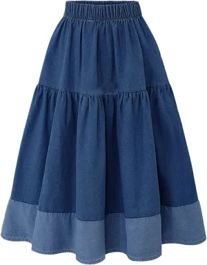 Women's Elastic Casual Denim Skirts Elastic Waist A Line Jeans Skirt High Waist Tiered Long Denim Skirts