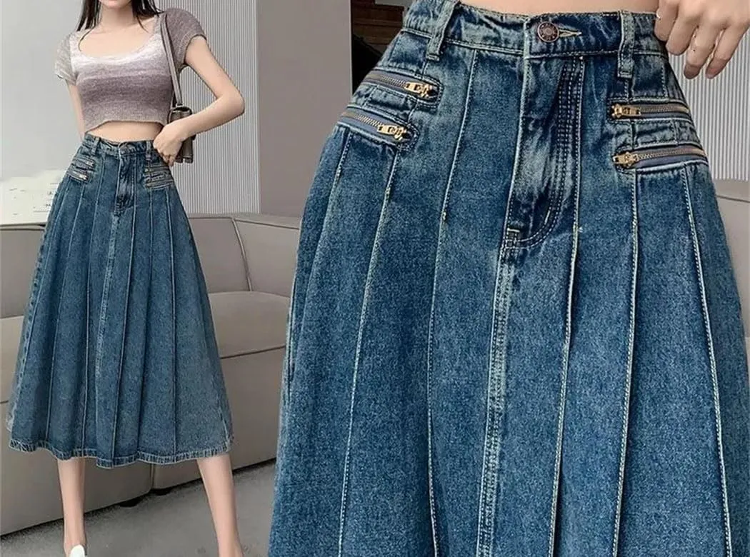 Women's Elegant High Waist Denim A-Line Skirt Korean Harajuku Style Pleated Long Skirt for School Casual Wear