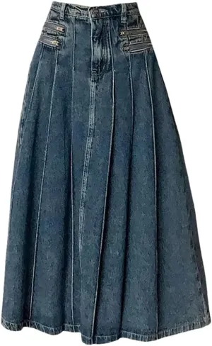 Women's Elegant High Waist Denim A-Line Skirt Korean Harajuku Style Pleated Long Skirt for School Casual Wear