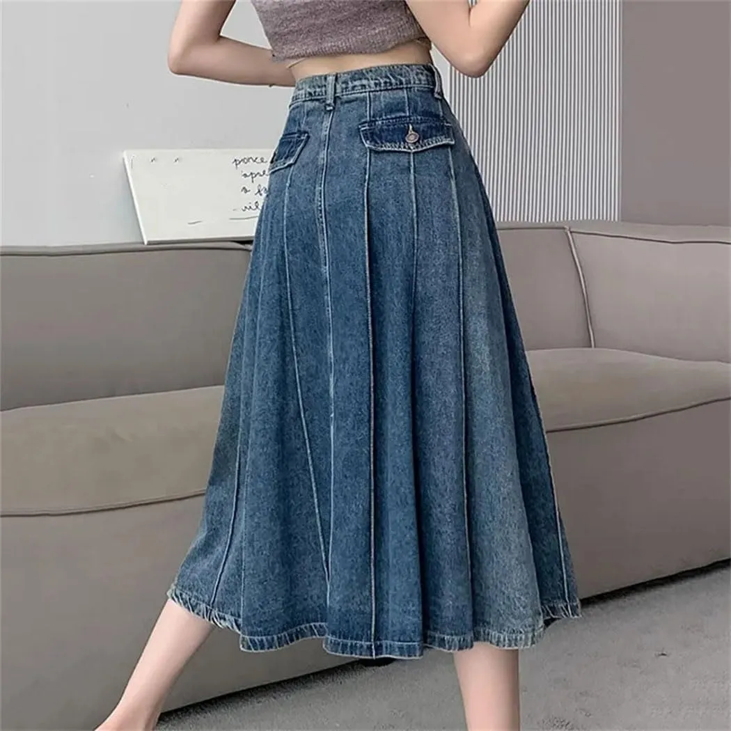 Women's Elegant High Waist Denim A-Line Skirt Korean Harajuku Style Pleated Long Skirt for School Casual Wear