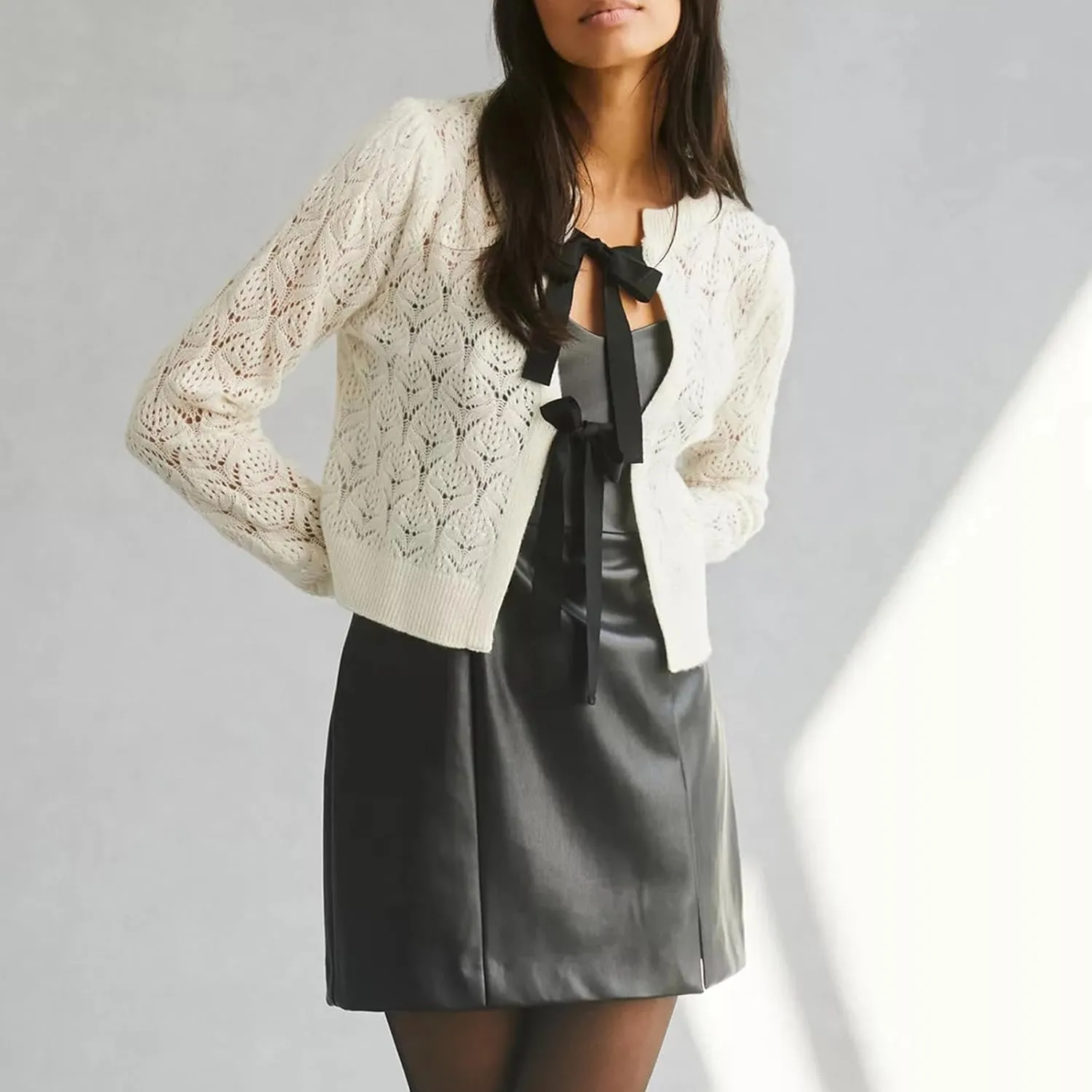 Women's Fall Cropped Knit Cardigan Cashmere Sweaters Long Sleeve Bow Tie Front Crew Neck Hollow Jumpers Tops