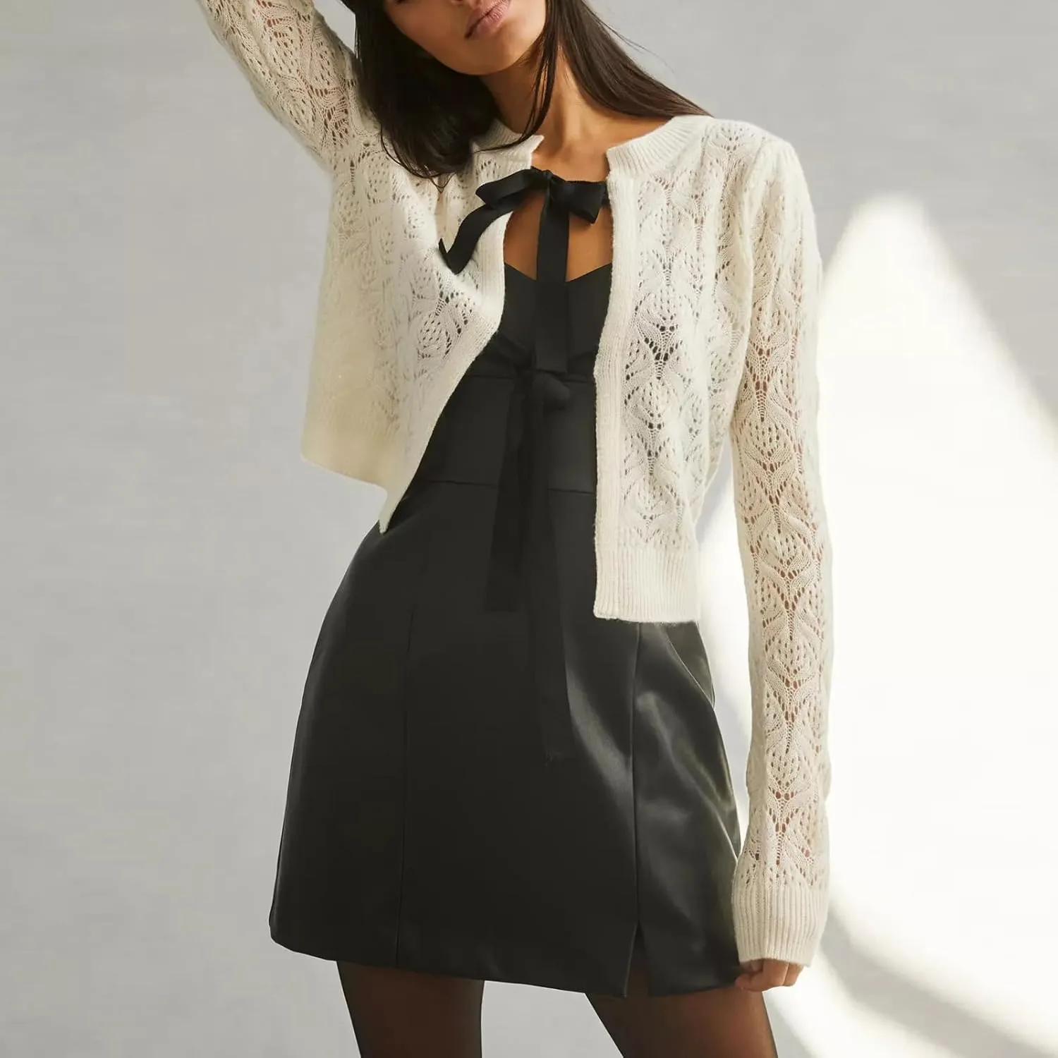 Women's Fall Cropped Knit Cardigan Cashmere Sweaters Long Sleeve Bow Tie Front Crew Neck Hollow Jumpers Tops