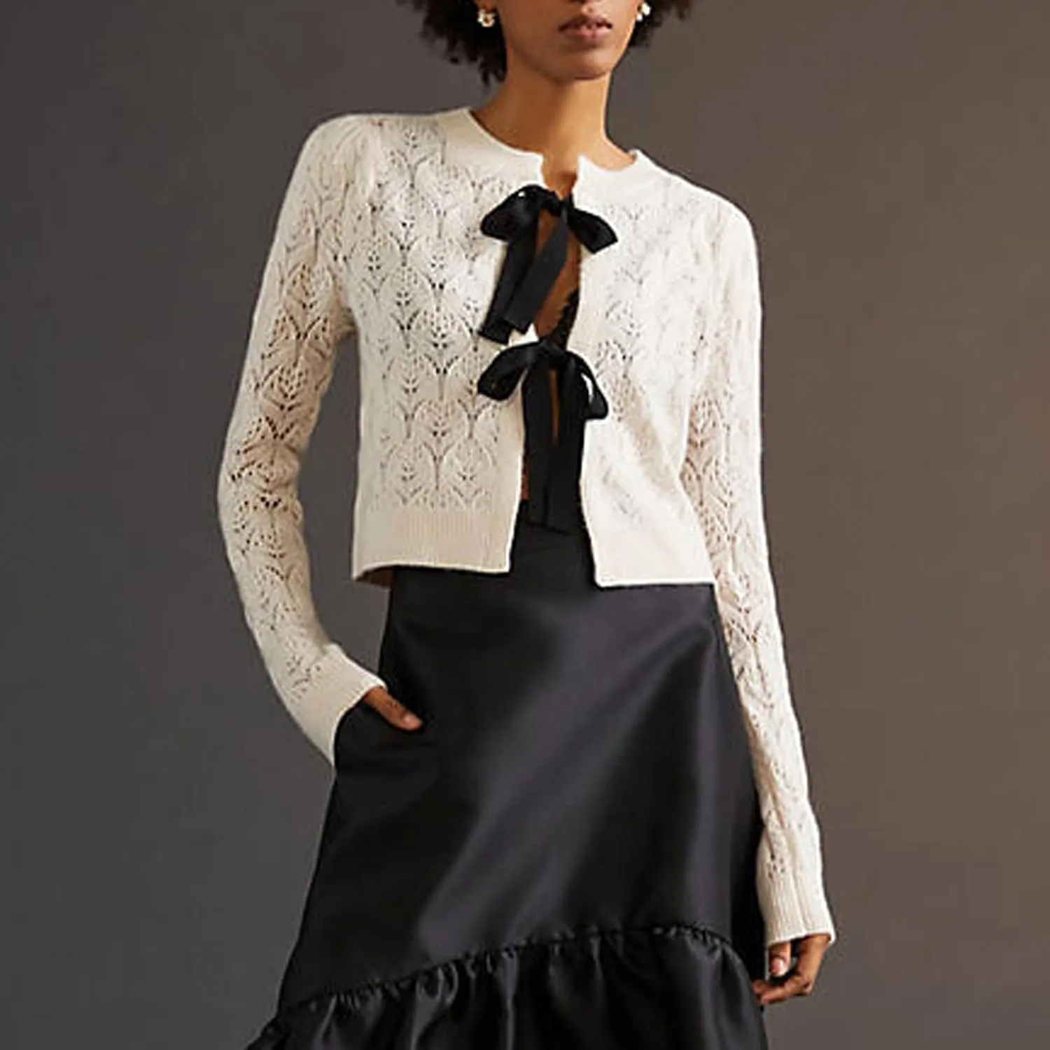 Women's Fall Cropped Knit Cardigan Cashmere Sweaters Long Sleeve Bow Tie Front Crew Neck Hollow Jumpers Tops