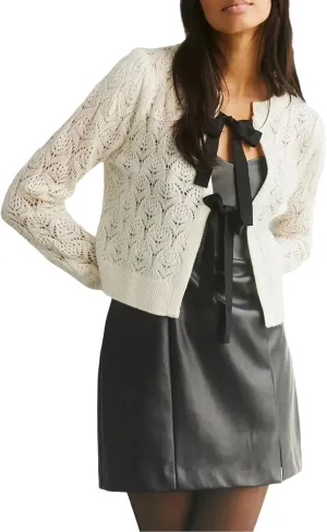 Women's Fall Cropped Knit Cardigan Cashmere Sweaters Long Sleeve Bow Tie Front Crew Neck Hollow Jumpers Tops