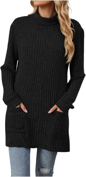 Womens Fall Turtleneck Sweater Tops Loose Fit Ribbed Knit Shirts Casual Lightweight Soft Pullover with Pockets