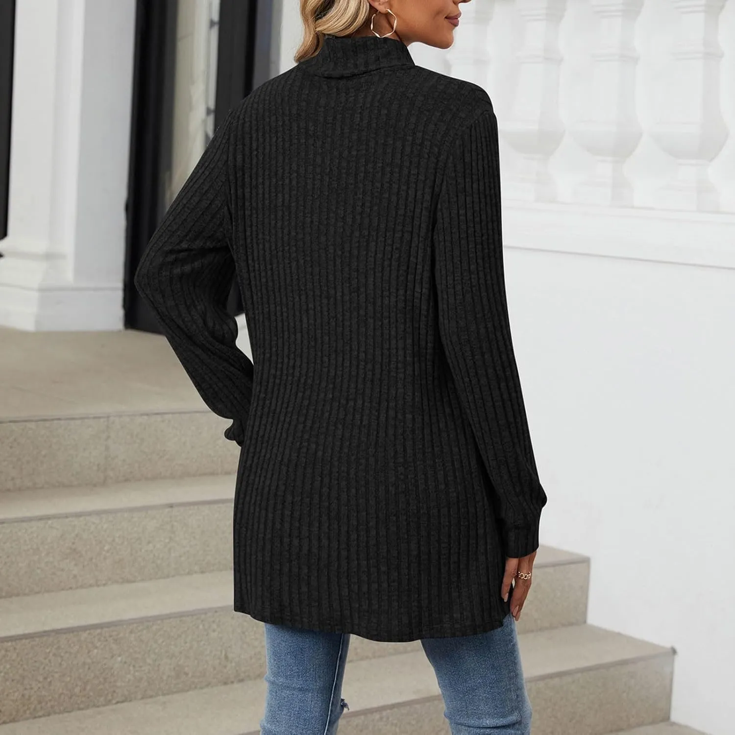 Womens Fall Turtleneck Sweater Tops Loose Fit Ribbed Knit Shirts Casual Lightweight Soft Pullover with Pockets