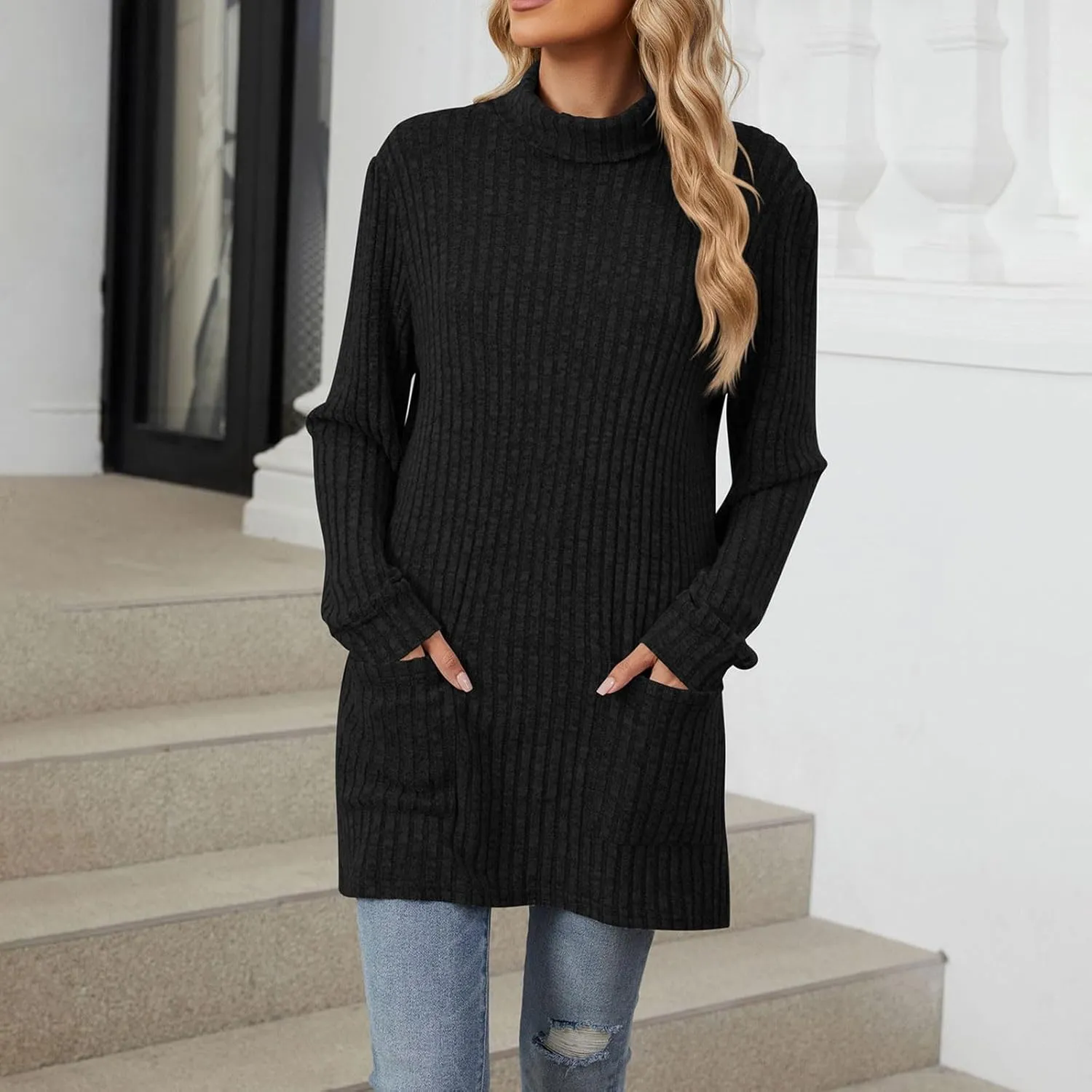 Womens Fall Turtleneck Sweater Tops Loose Fit Ribbed Knit Shirts Casual Lightweight Soft Pullover with Pockets