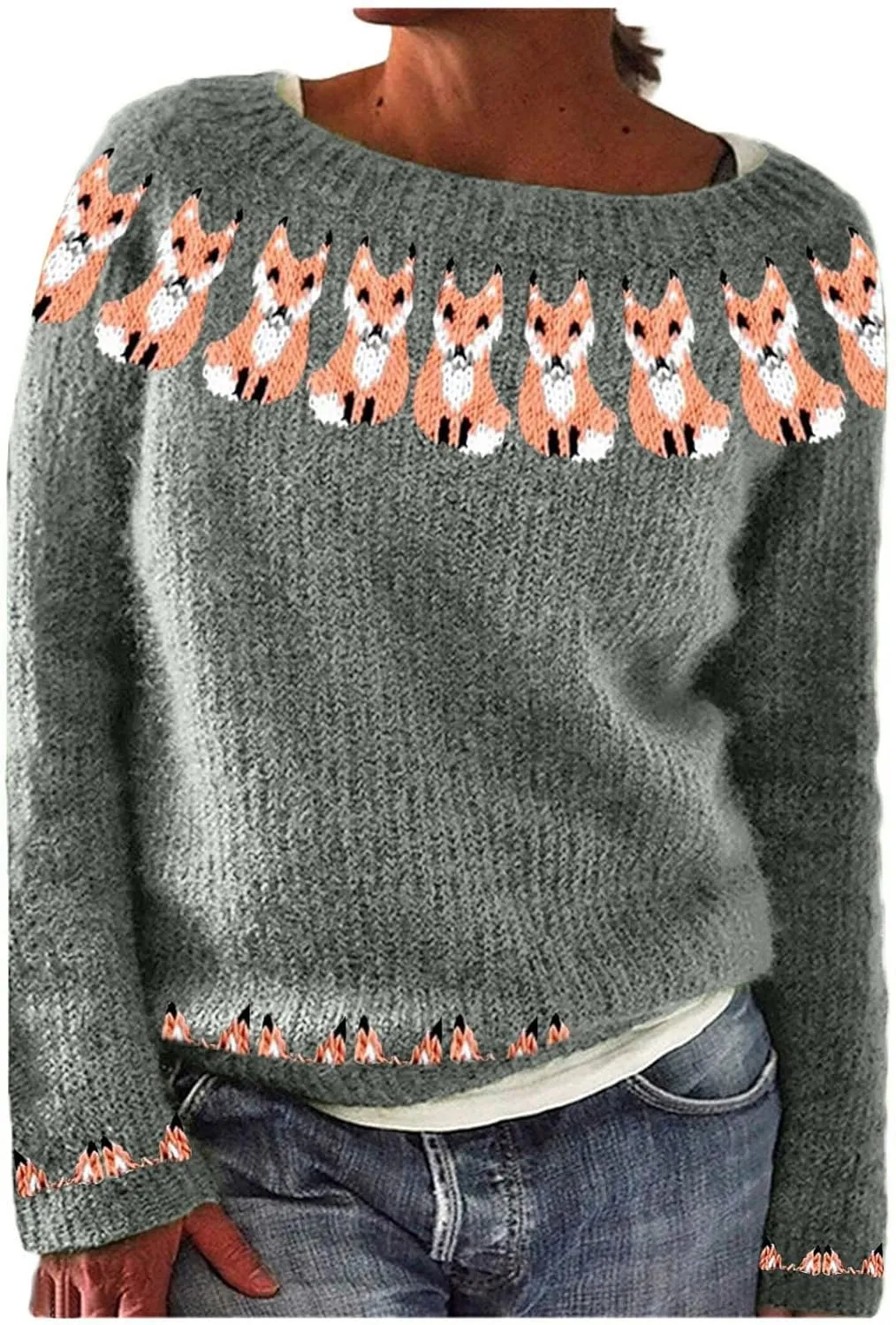 Womens Fall Vintage Fair Isle Sweater Women's Knitted Isle Print Retro Sweater Casual Loose Casual Loose Long Sleeve