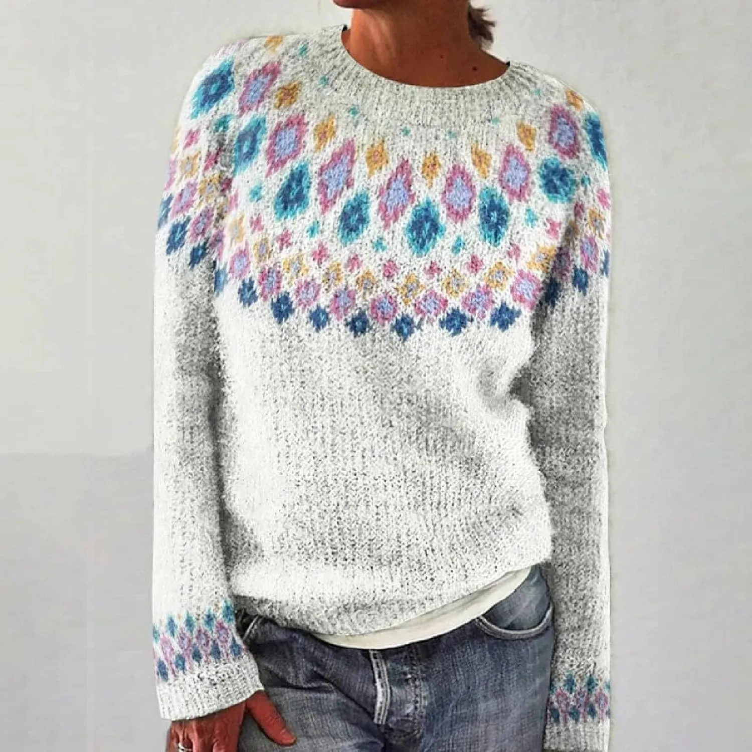 Womens Fall Vintage Fair Isle Sweater Women's Knitted Isle Print Retro Sweater Casual Loose Casual Loose Long Sleeve