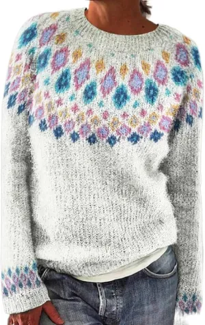 Womens Fall Vintage Fair Isle Sweater Women's Knitted Isle Print Retro Sweater Casual Loose Casual Loose Long Sleeve
