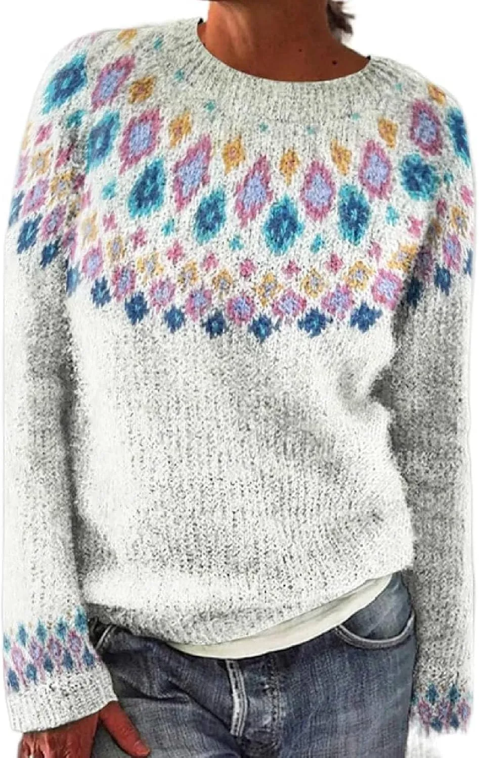 Womens Fall Vintage Fair Isle Sweater Women's Knitted Isle Print Retro Sweater Casual Loose Casual Loose Long Sleeve