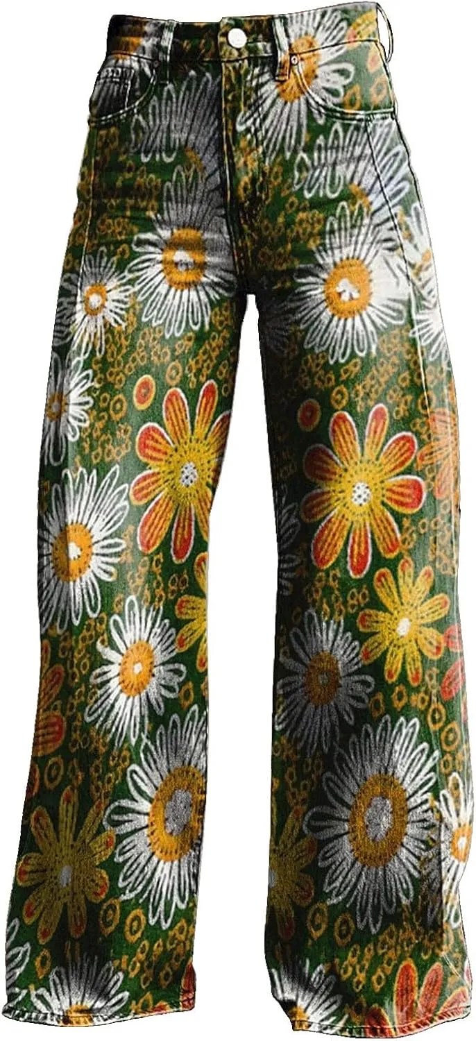Women's Flare Jeans 2025 Wide Leg Baggy Pant Vintage Floral Print High Waisted Straight Stretch Pants with Pocket