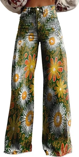 Women's Flare Jeans 2025 Wide Leg Baggy Pant Vintage Floral Print High Waisted Straight Stretch Pants with Pocket