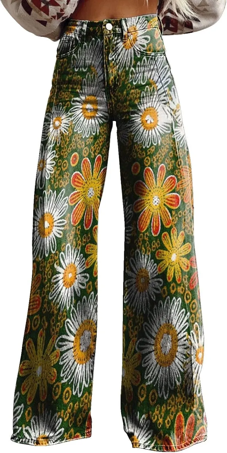 Women's Flare Jeans 2025 Wide Leg Baggy Pant Vintage Floral Print High Waisted Straight Stretch Pants with Pocket