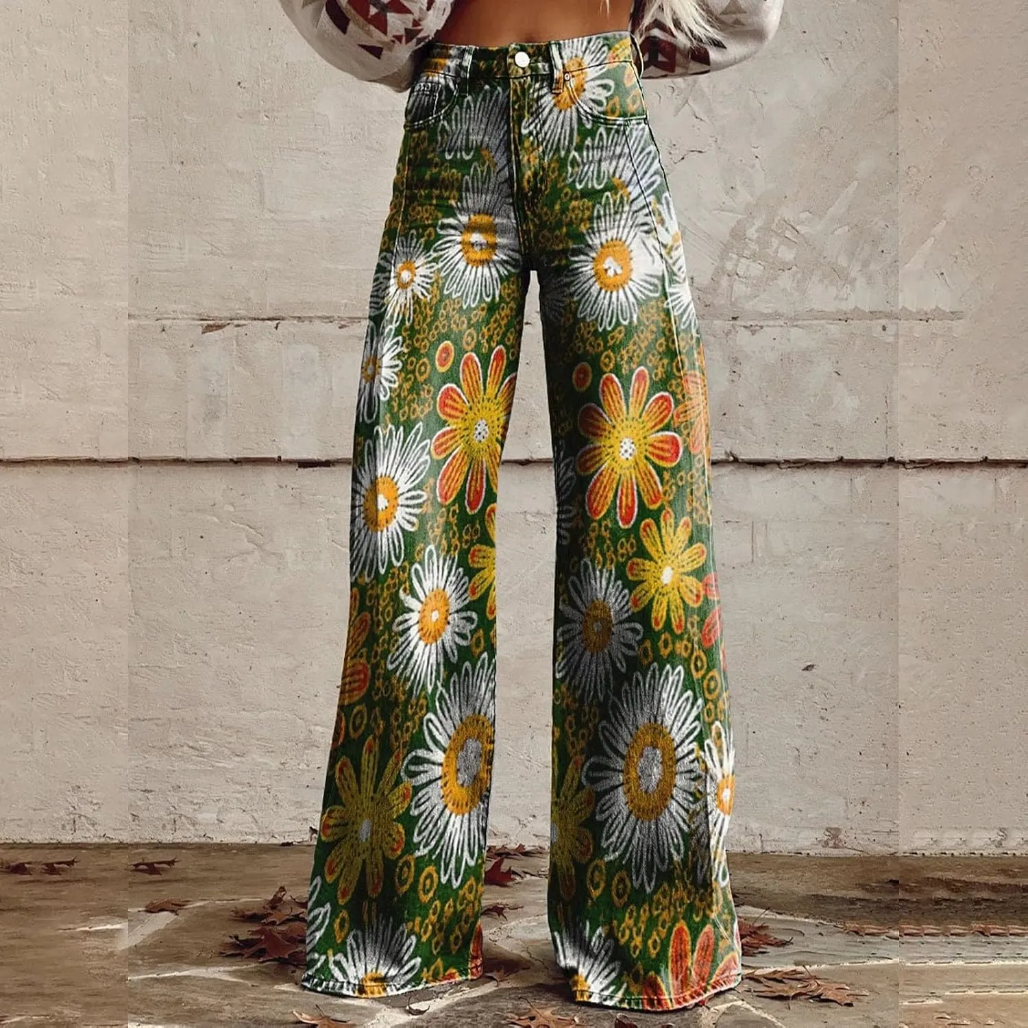 Women's Flare Jeans 2025 Wide Leg Baggy Pant Vintage Floral Print High Waisted Straight Stretch Pants with Pocket