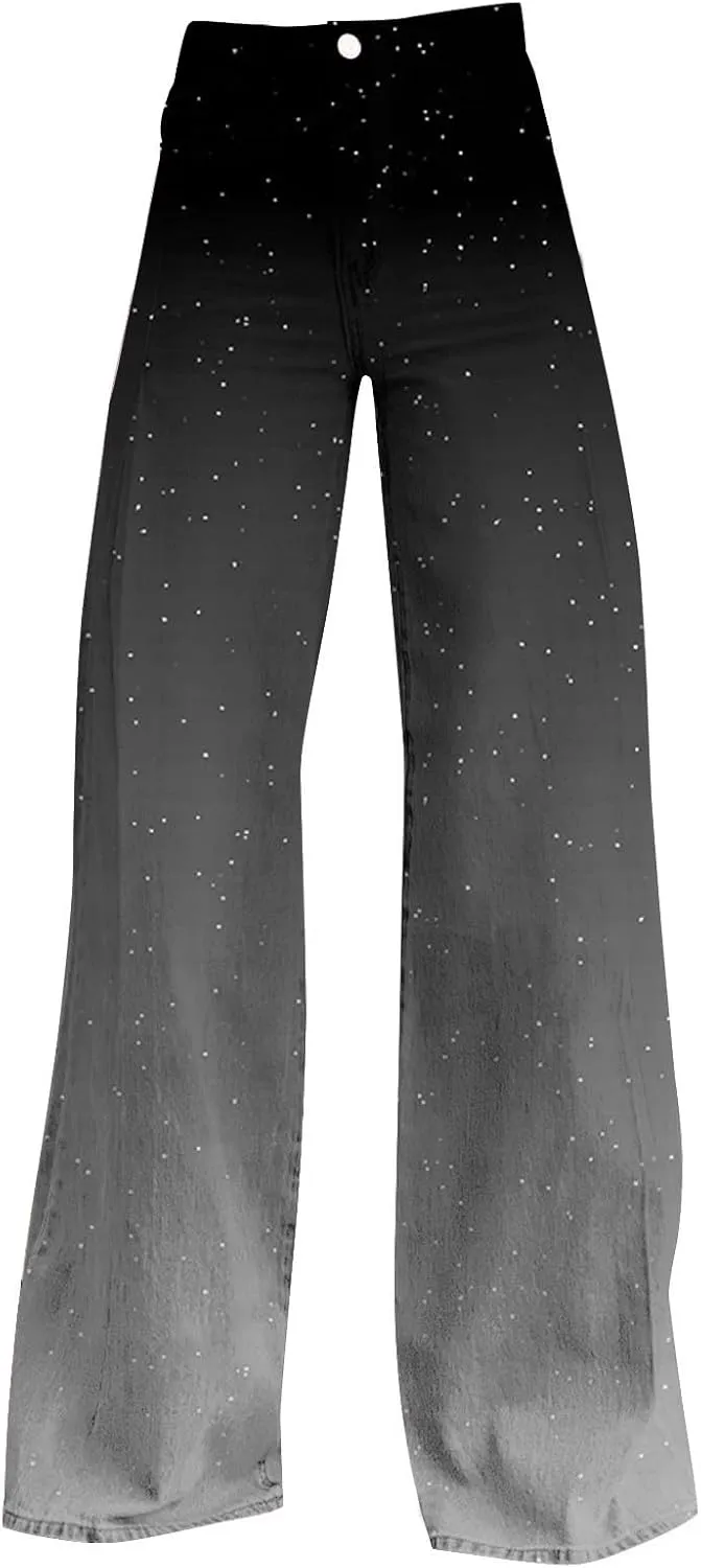Women's Flare Jeans Wide Leg Baggy Pant 2025 Vintage Floral Print High Waisted Straight Stretch Pants with Pockets