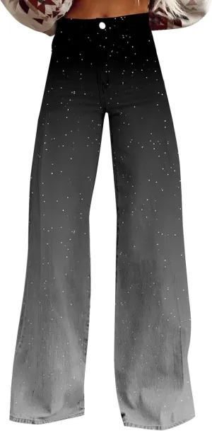 Women's Flare Jeans Wide Leg Baggy Pant 2025 Vintage Floral Print High Waisted Straight Stretch Pants with Pockets