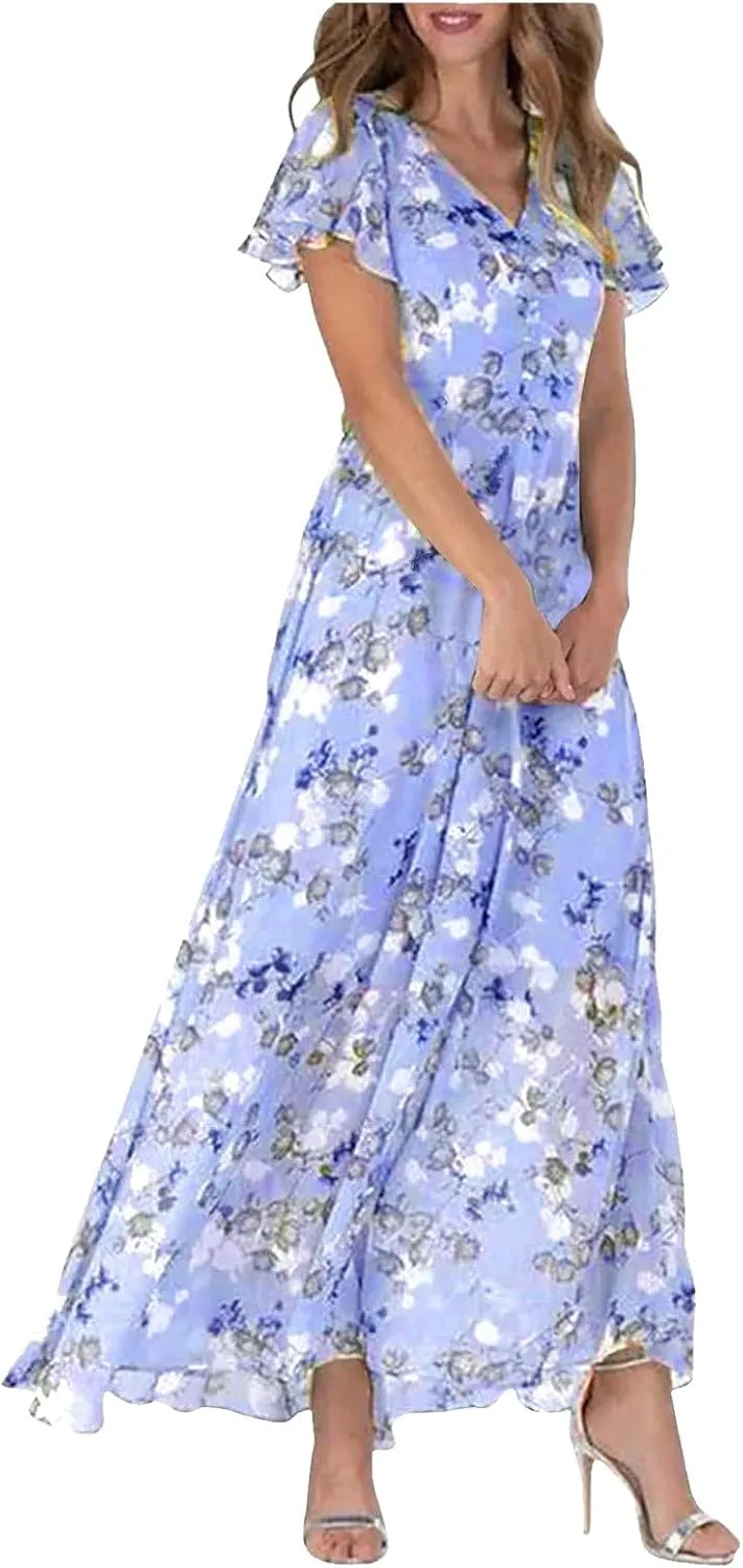 Womens Floral Maxi Dress Summer Short Sleeve Boho Wedding Guest Dress Empire Waist Chiffon Modest Midi Dresses