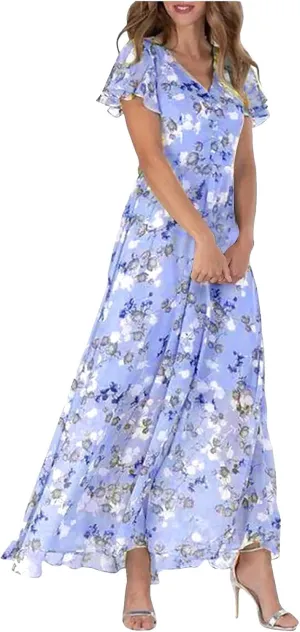 Womens Floral Maxi Dress Summer Short Sleeve Boho Wedding Guest Dress Empire Waist Chiffon Modest Midi Dresses