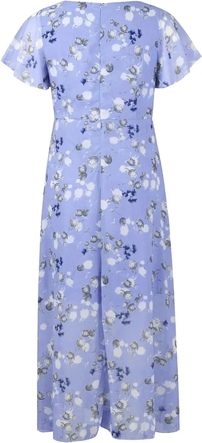 Womens Floral Maxi Dress Summer Short Sleeve Boho Wedding Guest Dress Empire Waist Chiffon Modest Midi Dresses