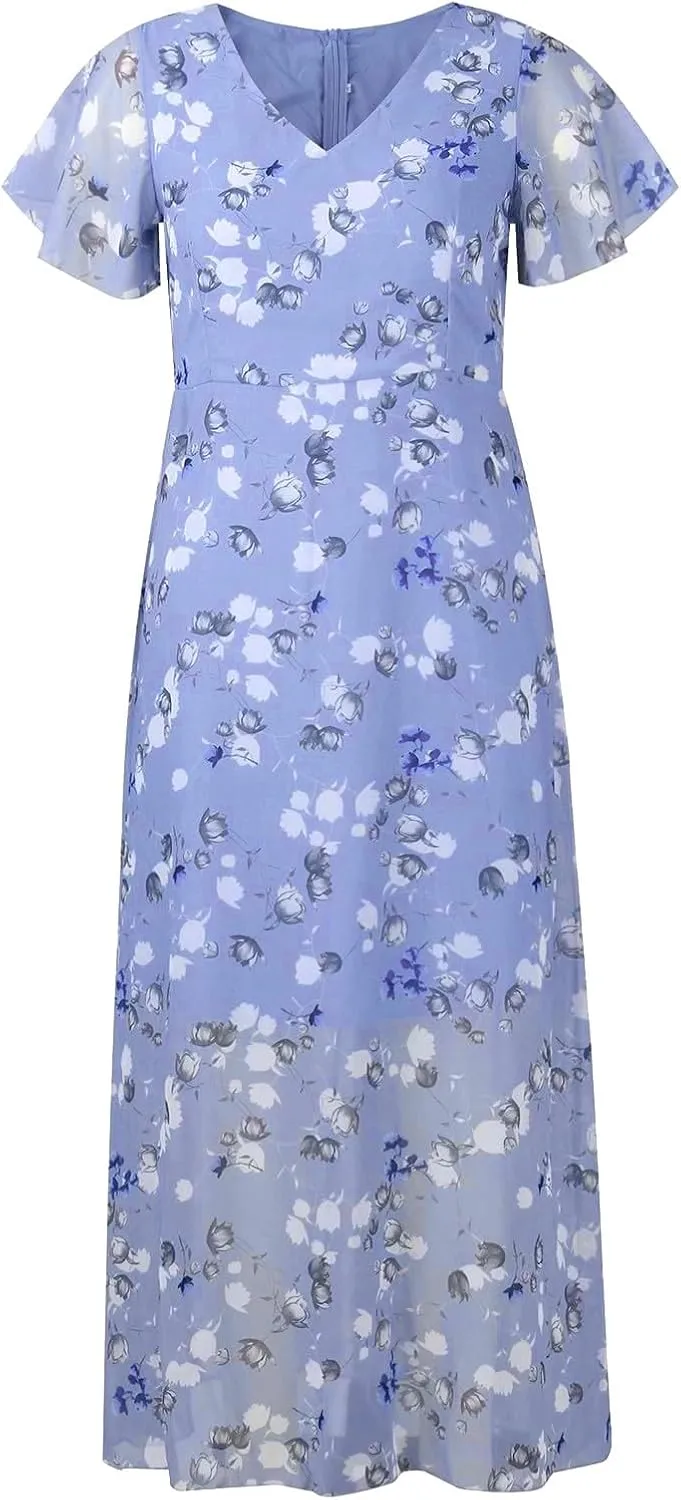 Womens Floral Maxi Dress Summer Short Sleeve Boho Wedding Guest Dress Empire Waist Chiffon Modest Midi Dresses