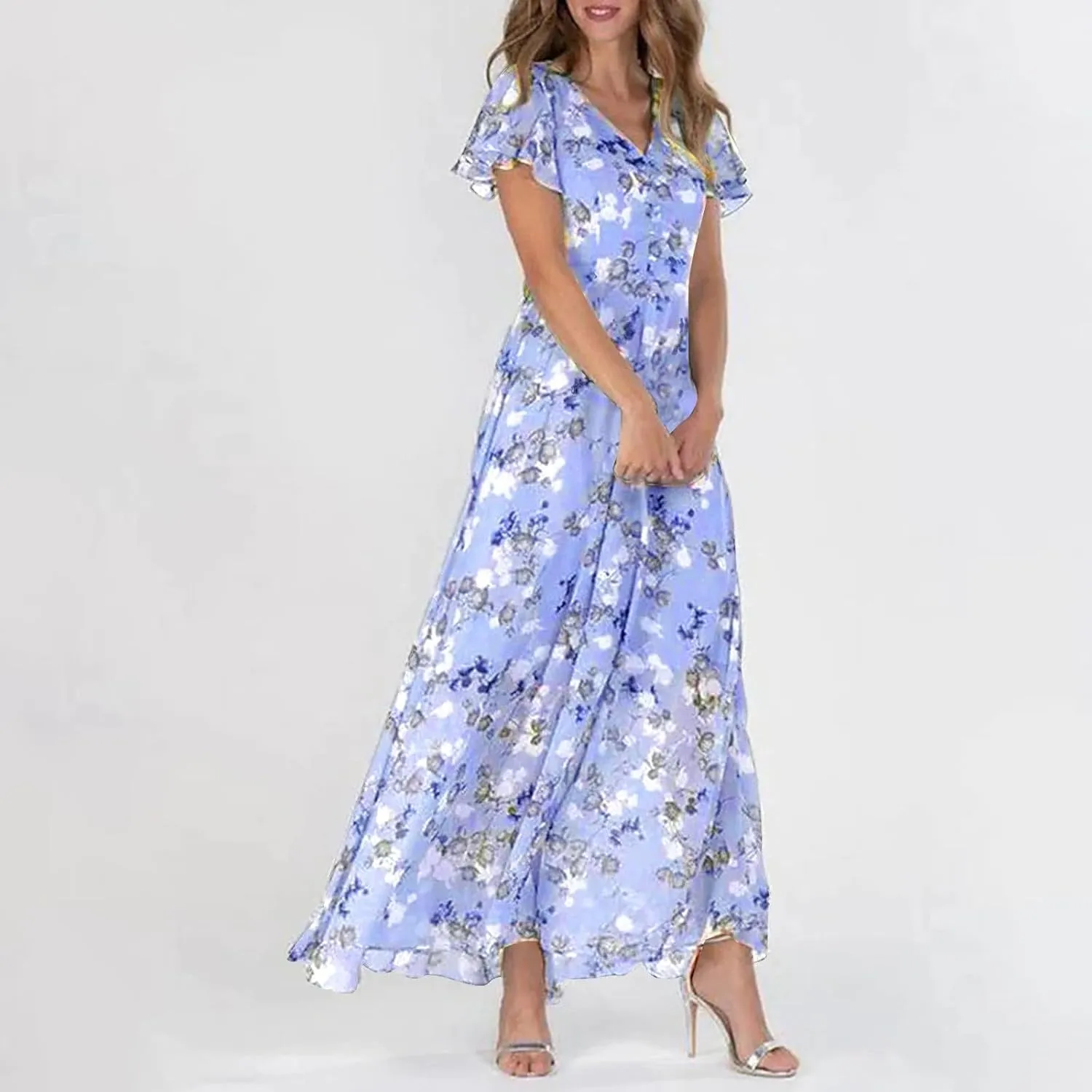 Womens Floral Maxi Dress Summer Short Sleeve Boho Wedding Guest Dress Empire Waist Chiffon Modest Midi Dresses