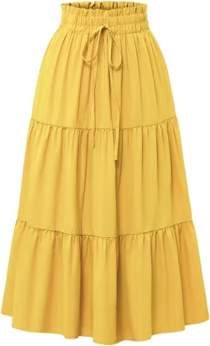 Womens Floral Maxi Skirt Summer Comfy Tiered Elastic High Waisted Long Skirts Vacation A Line Flowy Swing Skirt