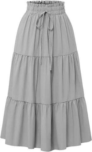 Womens Floral Maxi Skirt Summer Comfy Tiered Elastic High Waisted Long Skirts Vacation A Line Flowy Swing Skirt