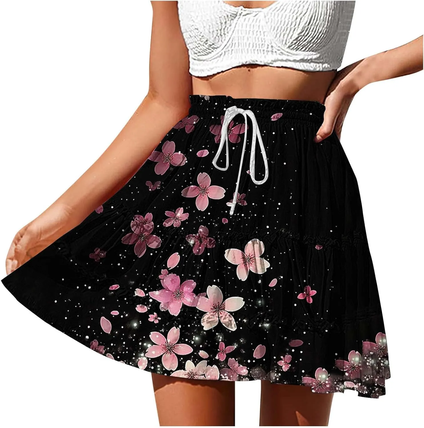 Womens Flowy High Waist Pleated Mini Skirts Casual Boho Floral Ruffle Tiered Skorts Cute Summer Fashion Shorts