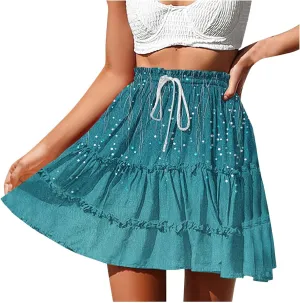 Womens Flowy High Waist Pleated Mini Skirts Casual Boho Floral Ruffle Tiered Skorts Cute Summer Fashion Shorts