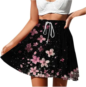 Womens Flowy High Waist Pleated Mini Skirts Casual Boho Floral Ruffle Tiered Skorts Cute Summer Fashion Shorts